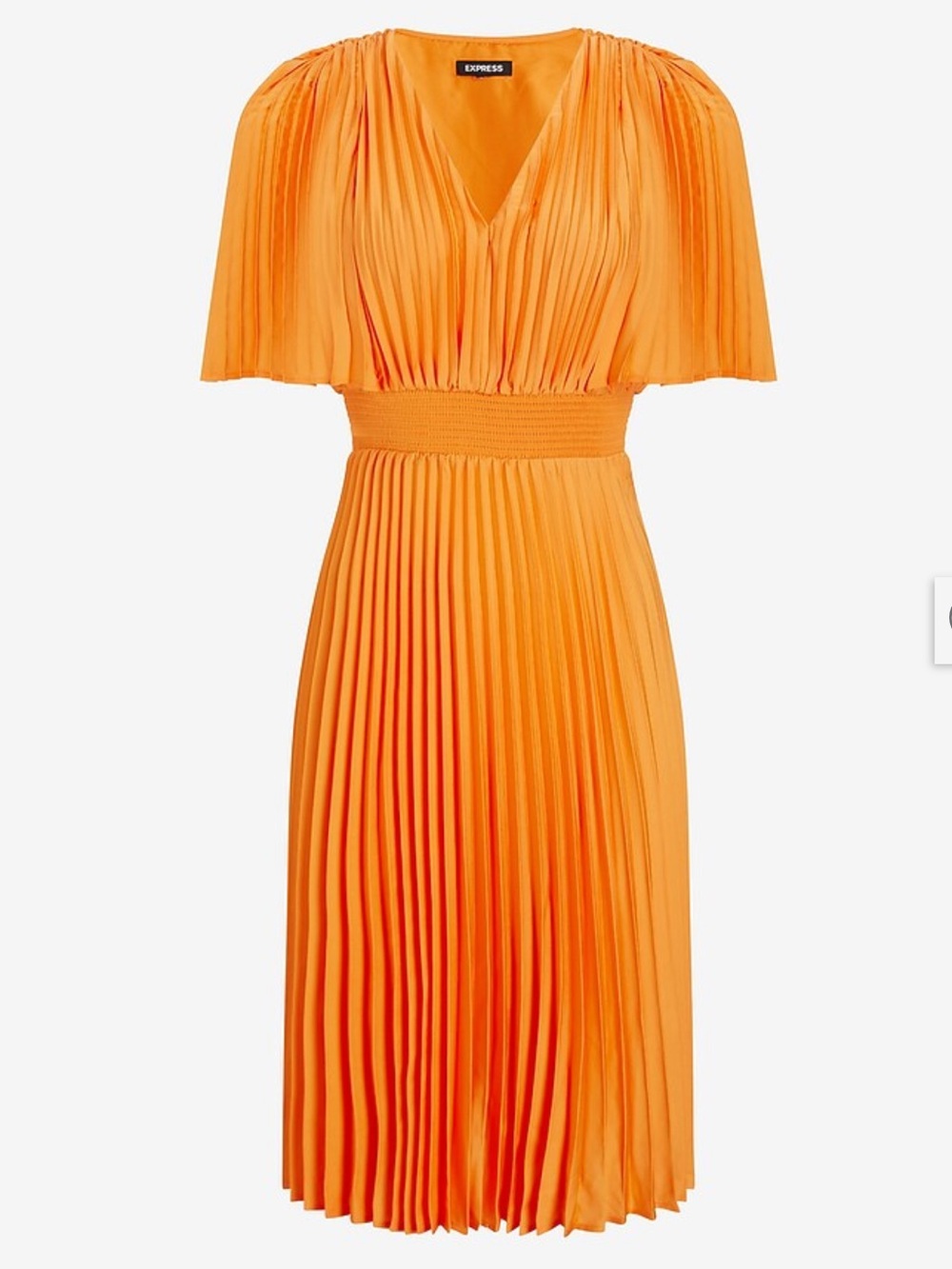 Express Orange Pleated Midi Dress with Smocked Waist